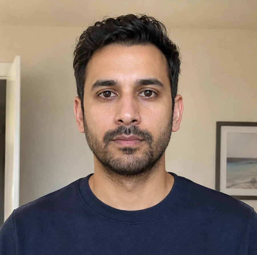 A fictional person's original portrait with a passport crop frame and position guides overlaid